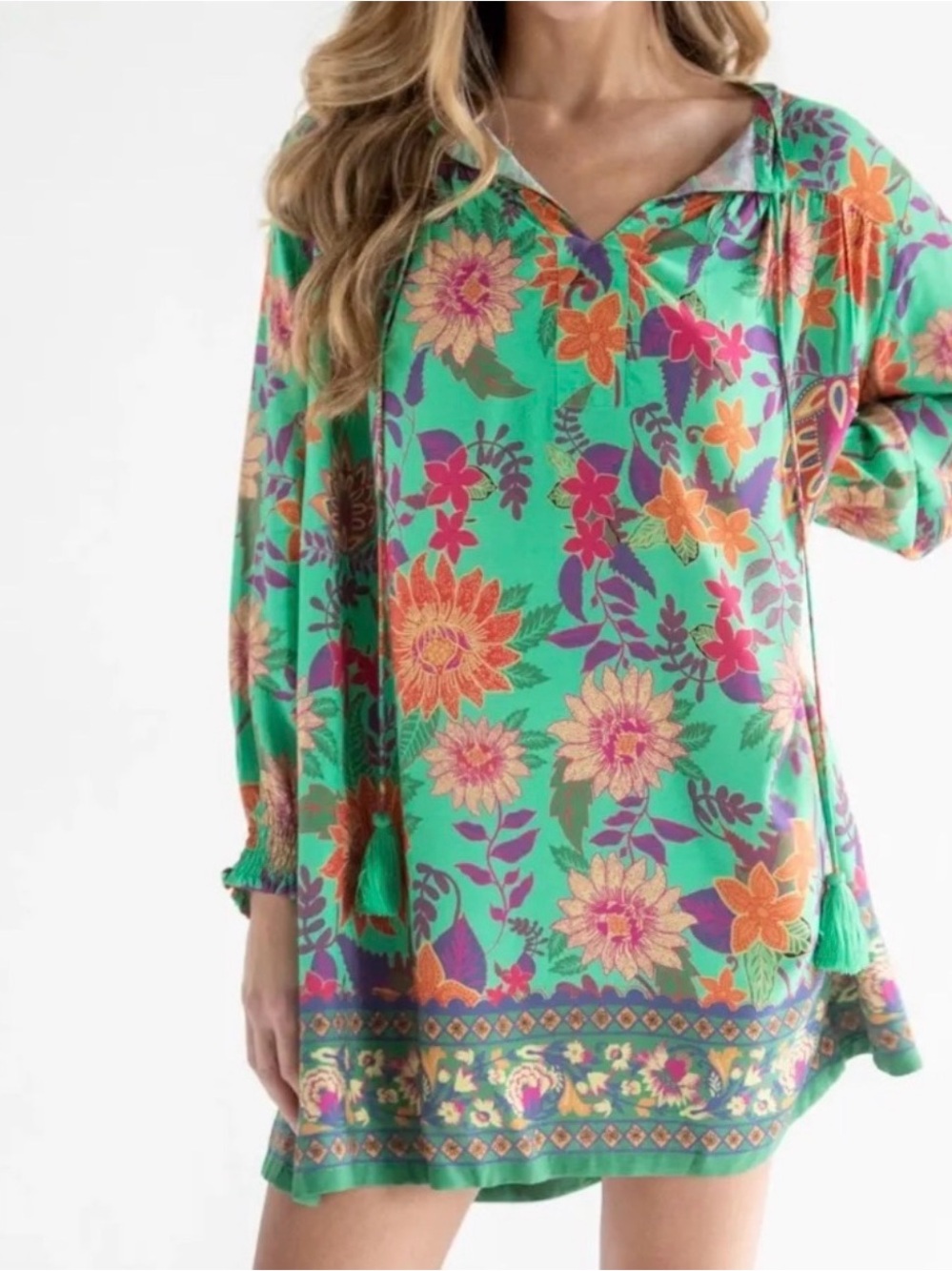 Natural Life Dara V-Neck Mini Dress Green Floral Small Boho Peasant tassels